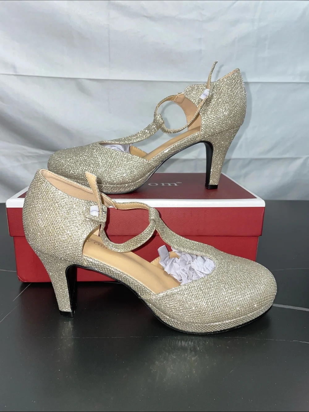 HEIYOM GOLD GLITTER T STRAP PLATFORM PUMPS FTL-08-128